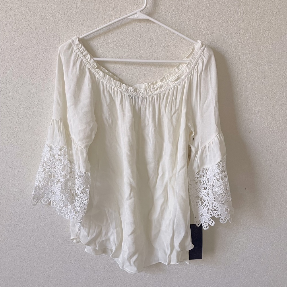Hale Bob White Boho Off-Shoulder Lace Sleeve Blouse